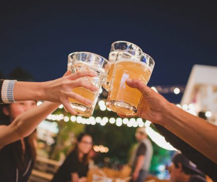 Cheers To The Best Friends,Group Of Friends Enjoying Evening Drinks,vintage Style.